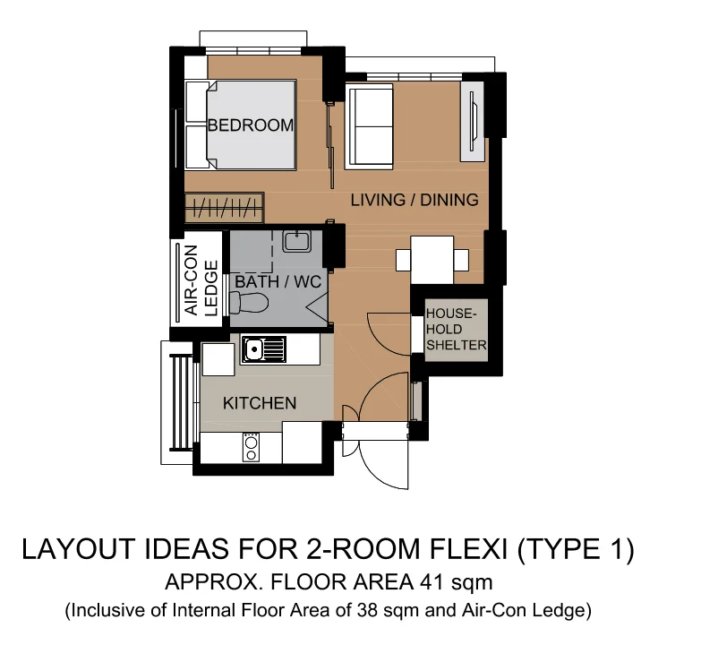 HDB floor plan of a 2-room Flexi (Type 1) flat at Tampines GreenCourt, about 41 sqm