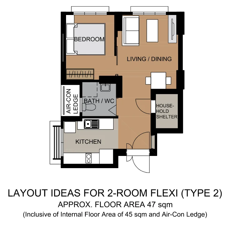 HDB floor plan of a 2-room Flexi (Type 2) flat at Tampines GreenCourt, about 47 sqm