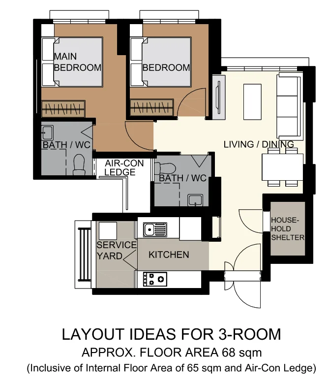 HDB floor plan of a 3-room flat at Tampines GreenCourt, about 68 sqm
