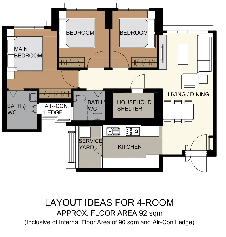 HDB floor plan of a 4-room flat at Tampines GreenCourt, about 92 sqm