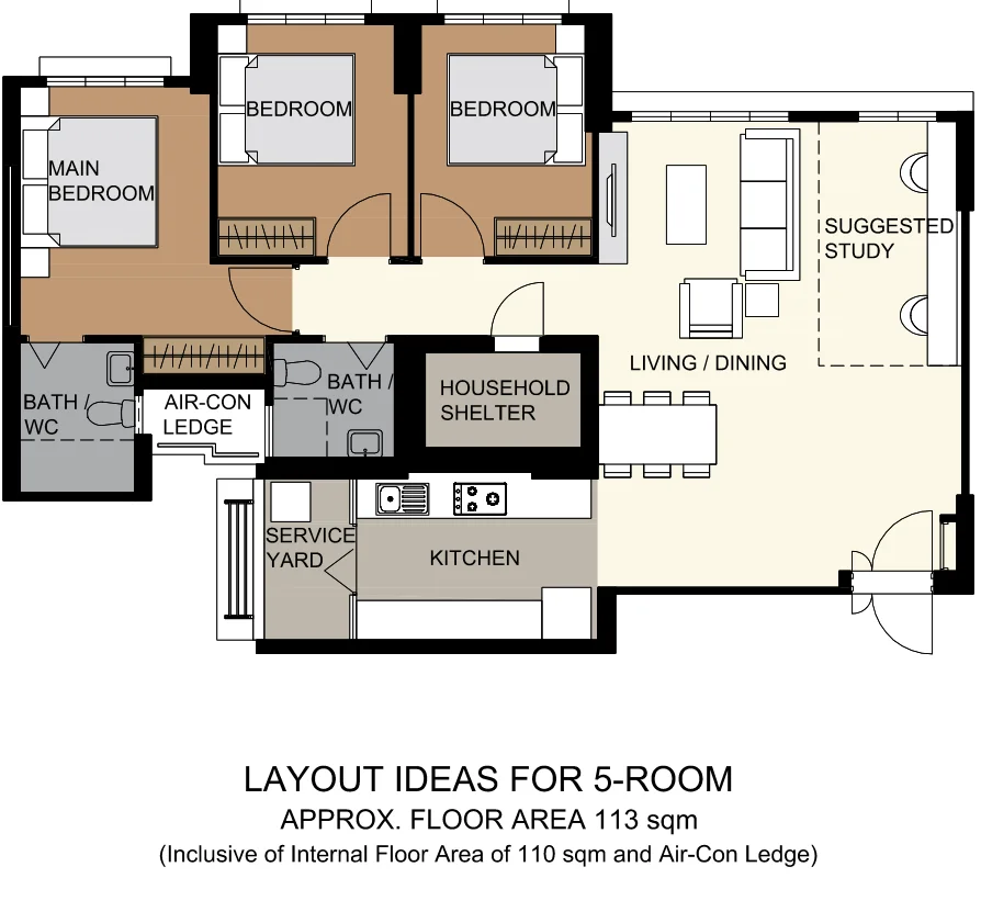 HDB floor plan of a 5-room flat at Tampines GreenCourt, about 113 sqm