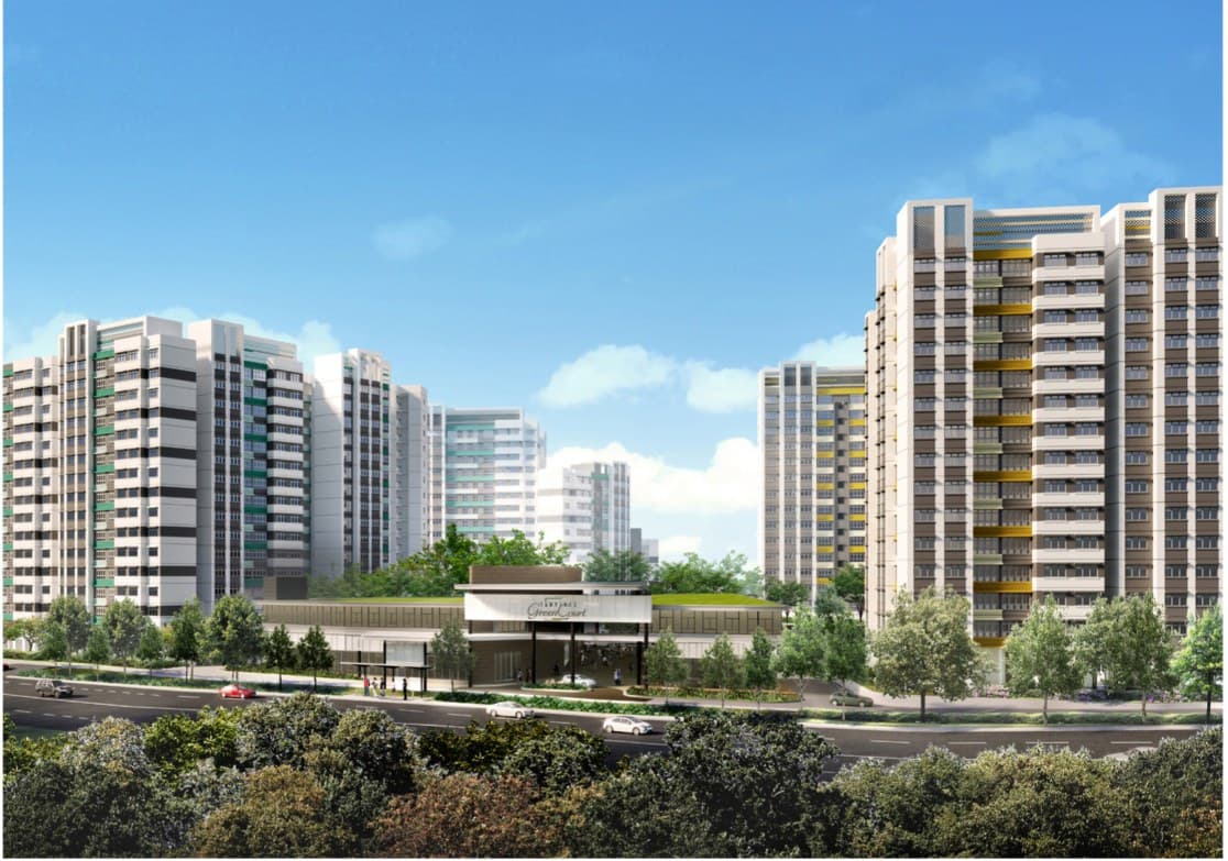 Artist’s impression of Tampines GreenCourt: white HDB blocks with yellow accents behind a road, trees and a low building with a green roof