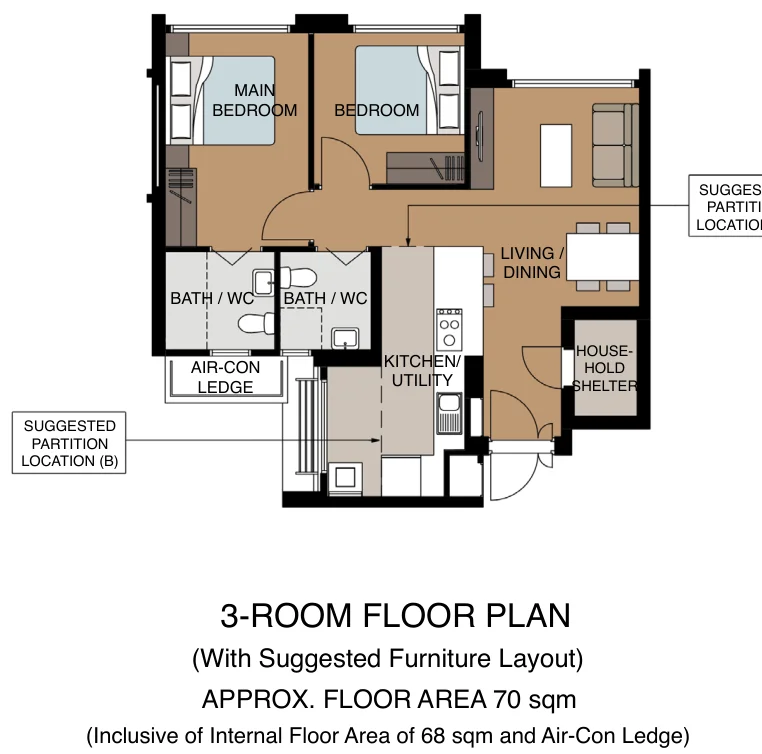 HDB floor plan of a 3-room flat at Tampines GreenCrest, about 70 sqm
