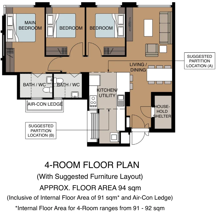 HDB floor plan of a 4-room flat at Tampines GreenCrest, about 94 sqm
