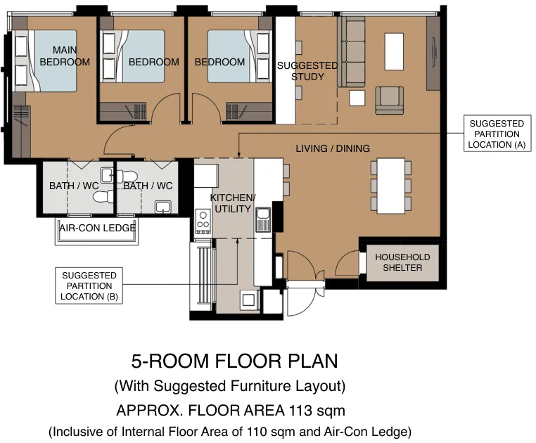 HDB floor plan of a 5-room flat at Tampines GreenCrest, about 113 sqm