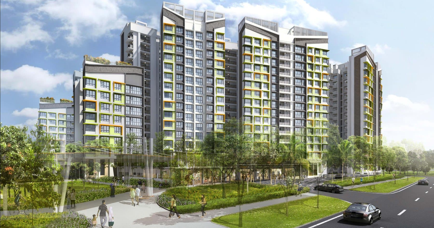 Artist’s impression of Tampines GreenCrest: grey HDB blocks of 8 to 16 storeys with green and orange panels above a tree-lined road in Tampines North