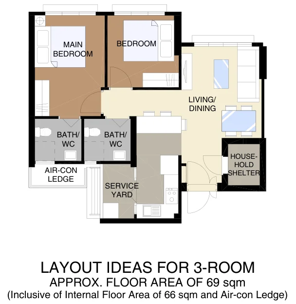 HDB floor plan of a 3-room flat at Tampines GreenDew, about 69 sqm