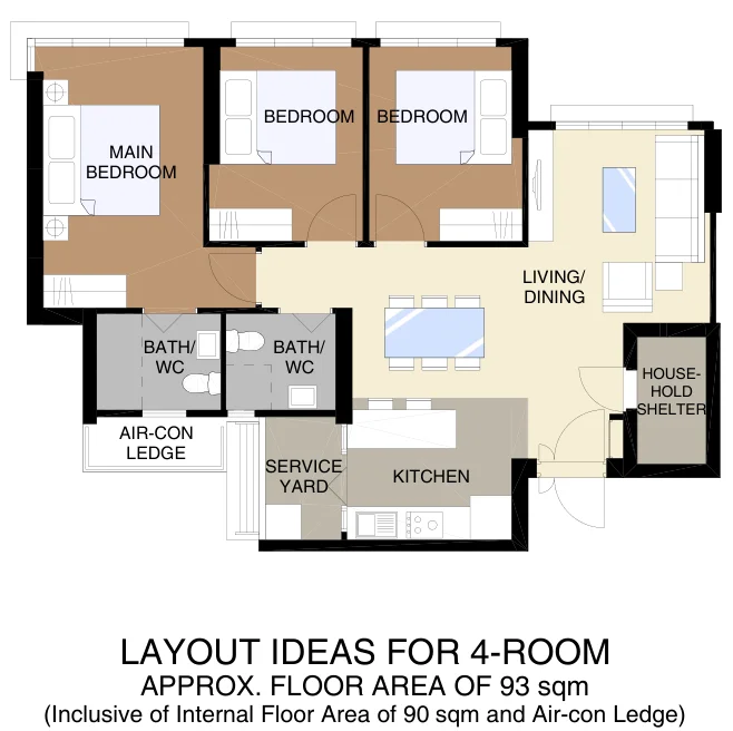 HDB floor plan of a 4-room flat at Tampines GreenDew, about 93 sqm