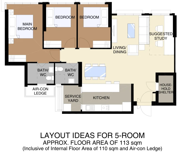 HDB floor plan of a 5-room flat at Tampines GreenDew, about 113 sqm
