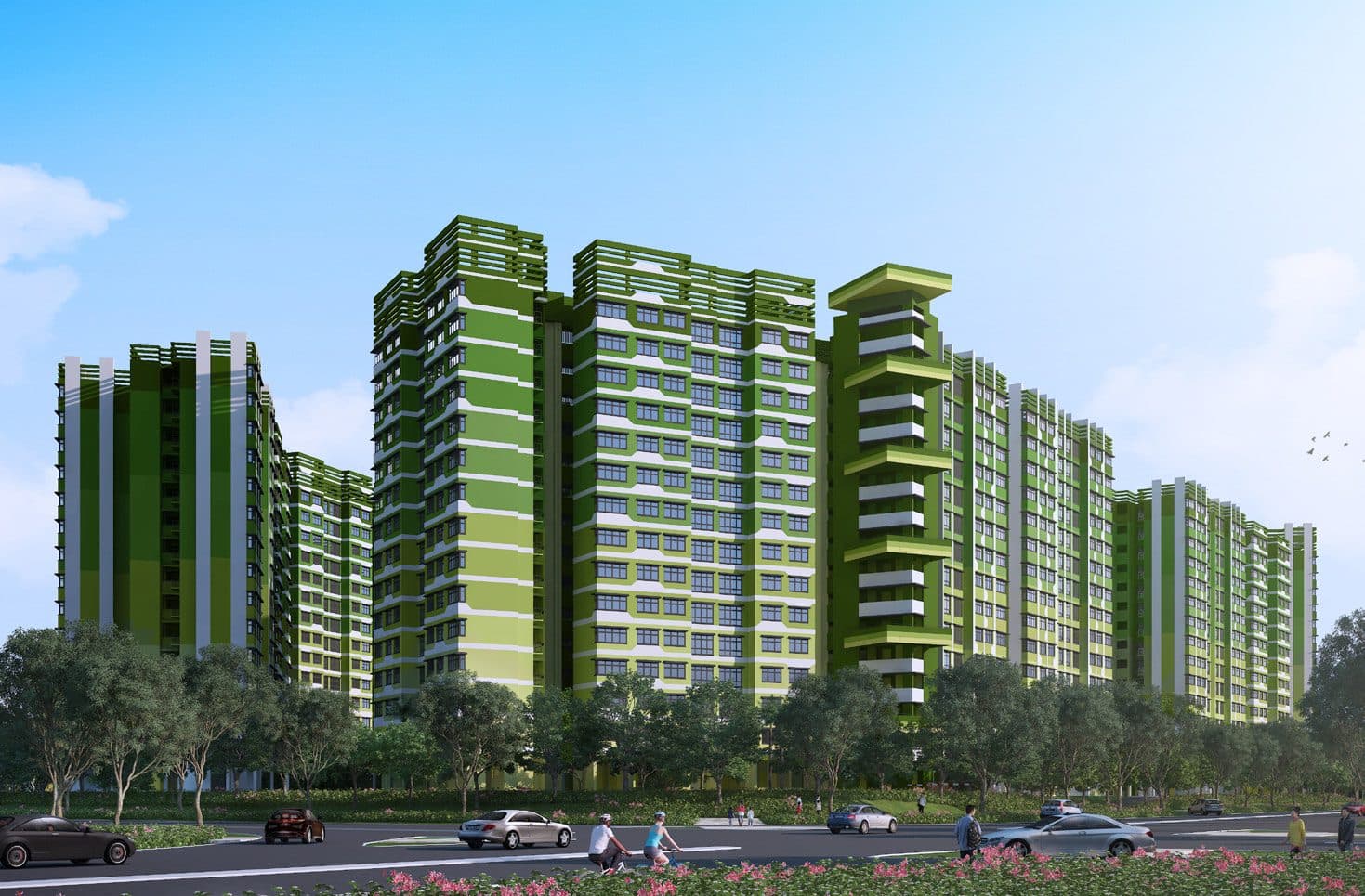Artist’s impression of Tampines GreenDew: white and green 15-storey HDB blocks behind trees along the road