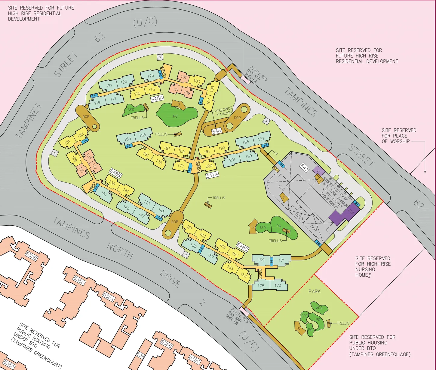 HDB site plan of Tampines GreenDew, blocks 647A, 648A, 648B and 648C