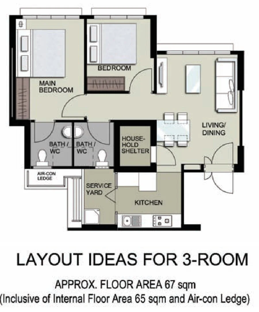 HDB floor plan of a 3-room flat at Tampines GreenEdge, about 67 sqm