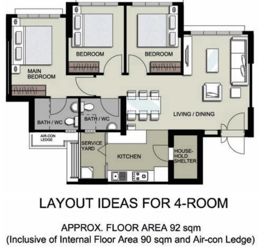 HDB floor plan of a 4-room flat at Tampines GreenEdge, about 92 sqm