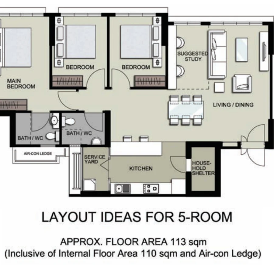 HDB floor plan of a 5-room flat at Tampines GreenEdge, about 113 sqm
