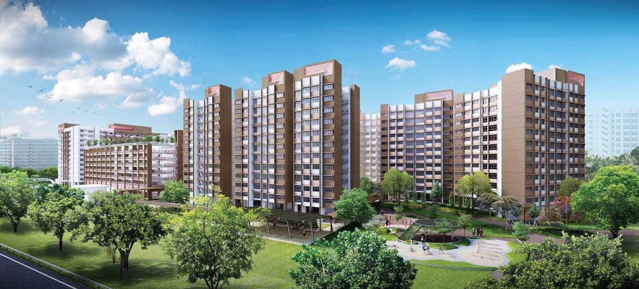 Artist’s impression of Tampines GreenEdge: 12-storey HDB blocks in brown and white beside a park with a playground and a pavilion