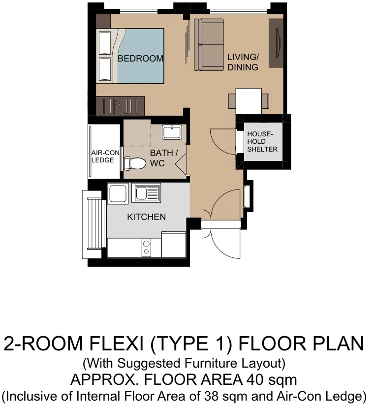 HDB floor plan of a 2-room Flexi Type 1 flat at Tampines GreenEmerald, about 40 sqm
