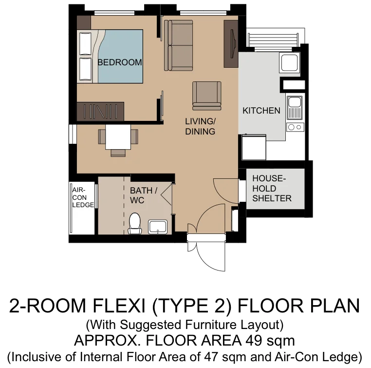 HDB floor plan of a 2-room Flexi Type 2 flat at Tampines GreenEmerald, about 49 sqm