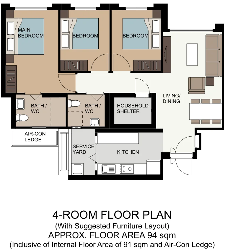 HDB floor plan of a 4-room flat at Tampines GreenEmerald, about 94 sqm