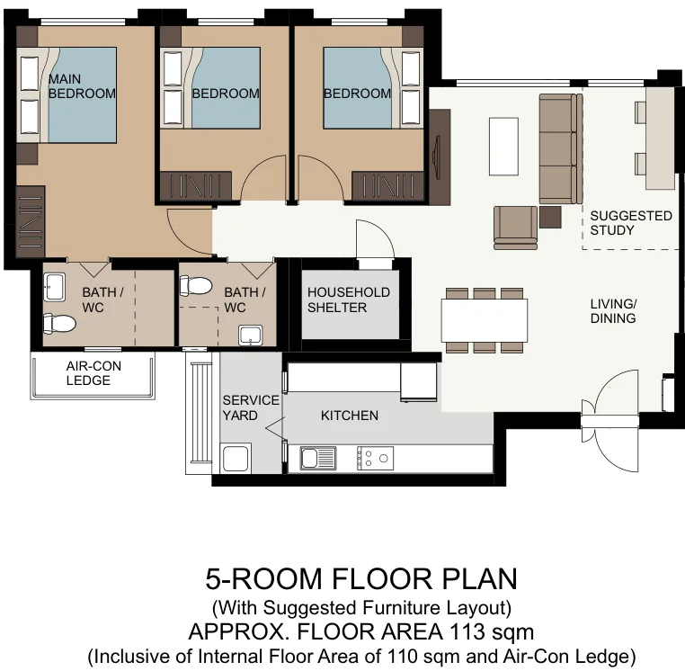 HDB floor plan of a 5-room flat at Tampines GreenEmerald, about 113 sqm