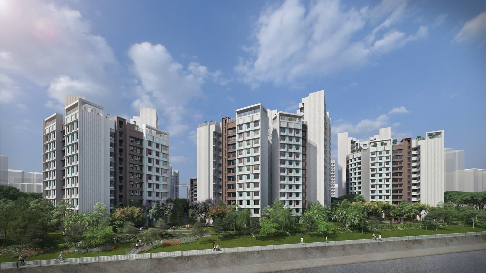 Artist’s impression of Tampines GreenEmerald: three groups of white and brown HDB blocks behind the park connector along Bedok Canal