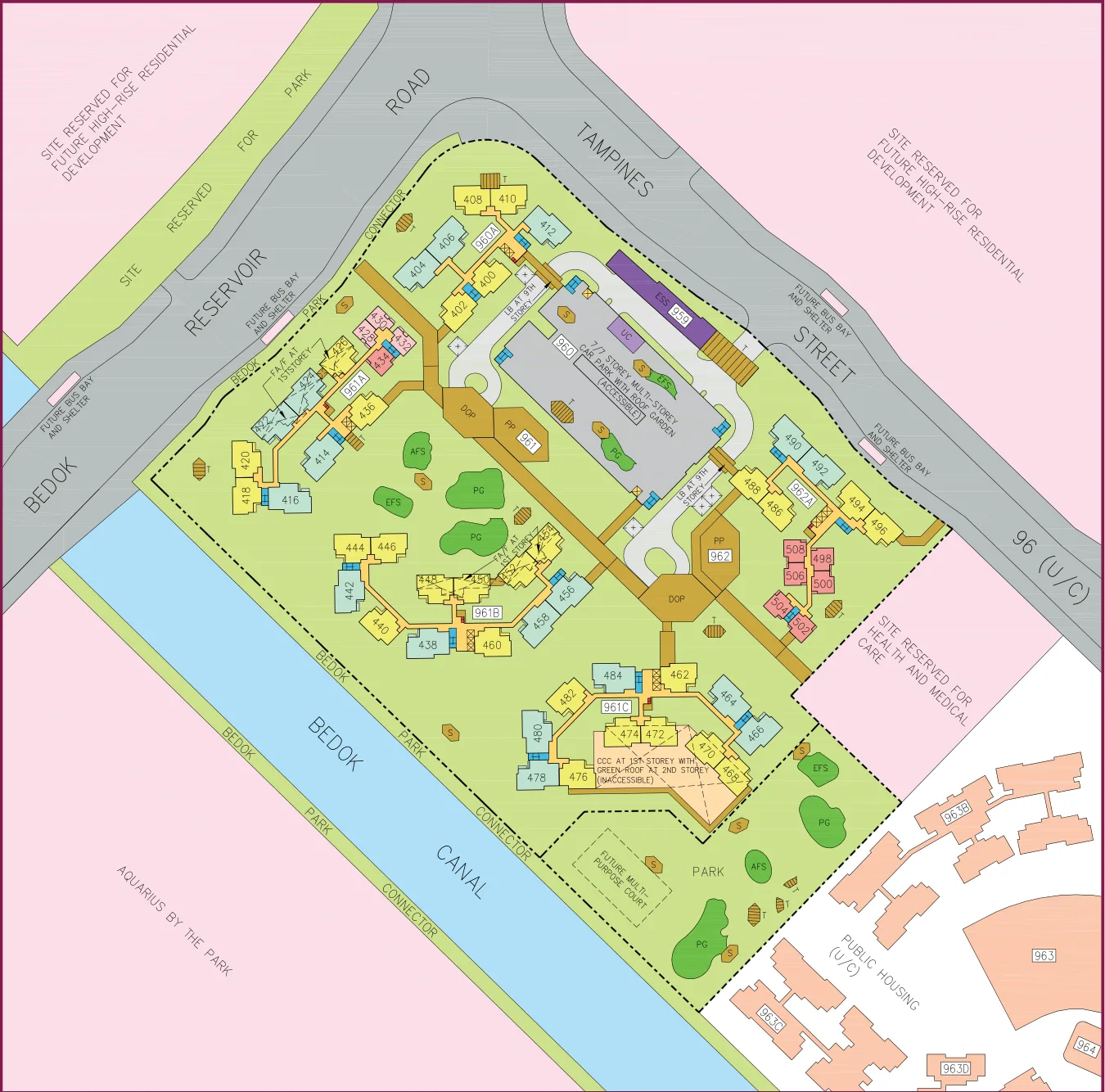 HDB site plan of Tampines GreenEmerald, blocks 960A, 961A, 961B, 961C and 962A