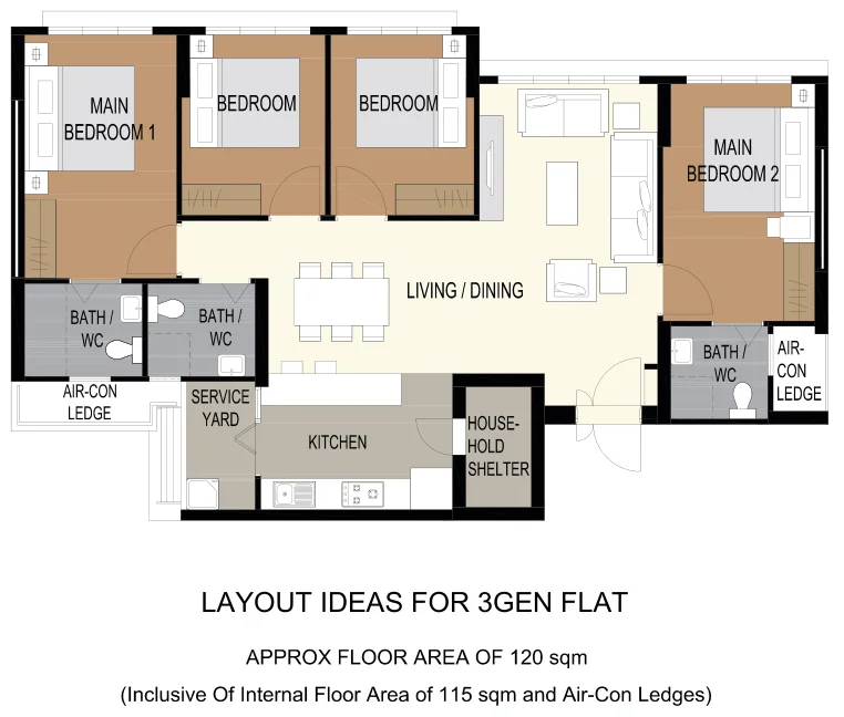 HDB floor plan of a 3Gen flat at Tampines GreenFlora, about 120 sqm