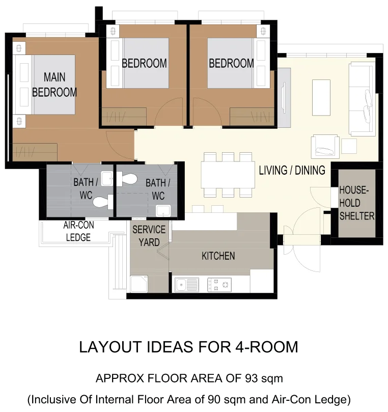 HDB floor plan of a 4-room flat at Tampines GreenFlora, about 93 sqm