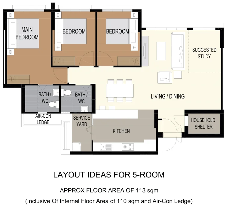 HDB floor plan of a 5-room flat at Tampines GreenFlora, about 113 sqm