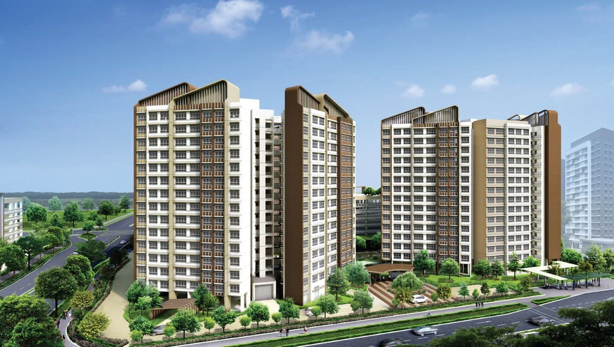 Artist’s impression of Tampines GreenFlora: three white, beige and bronze HDB blocks of 15 storeys with curved roof frames, behind trees and a road