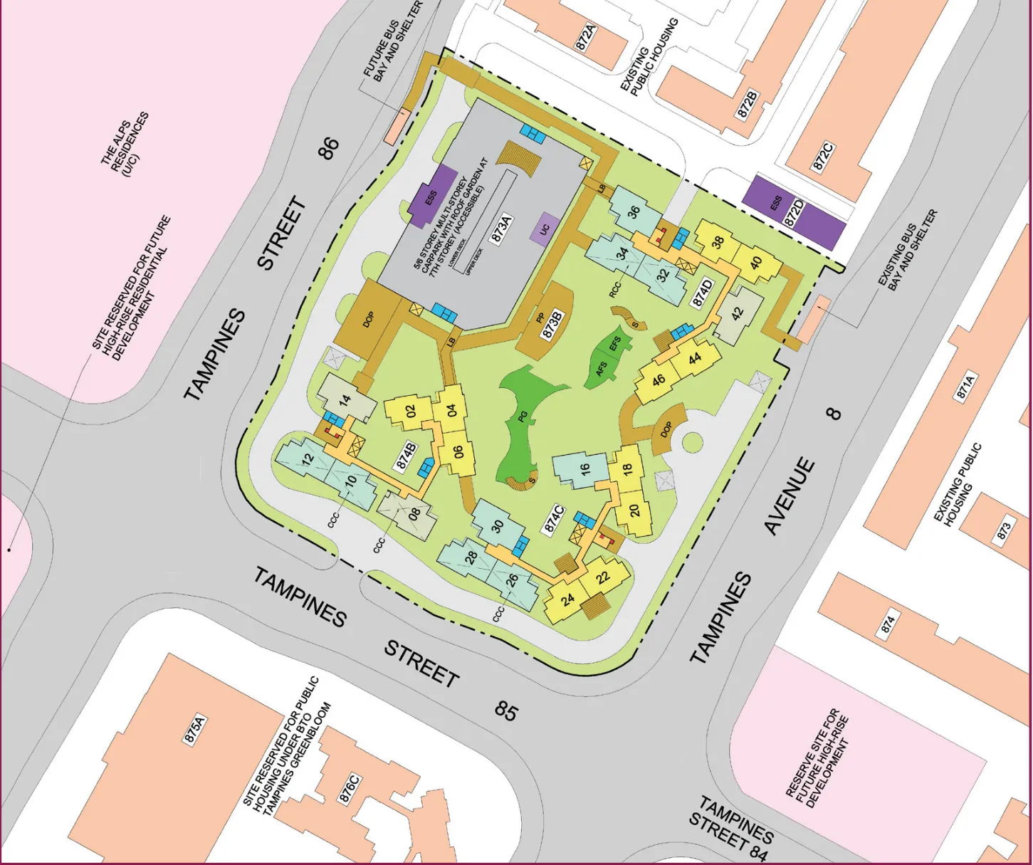 HDB site plan of Tampines GreenFlora, blocks 874B, 874C and 874D