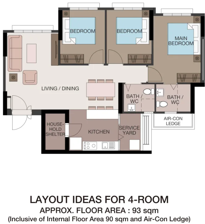 HDB floor plan of a 4-room flat at Tampines GreenFoliage, about 93 sqm