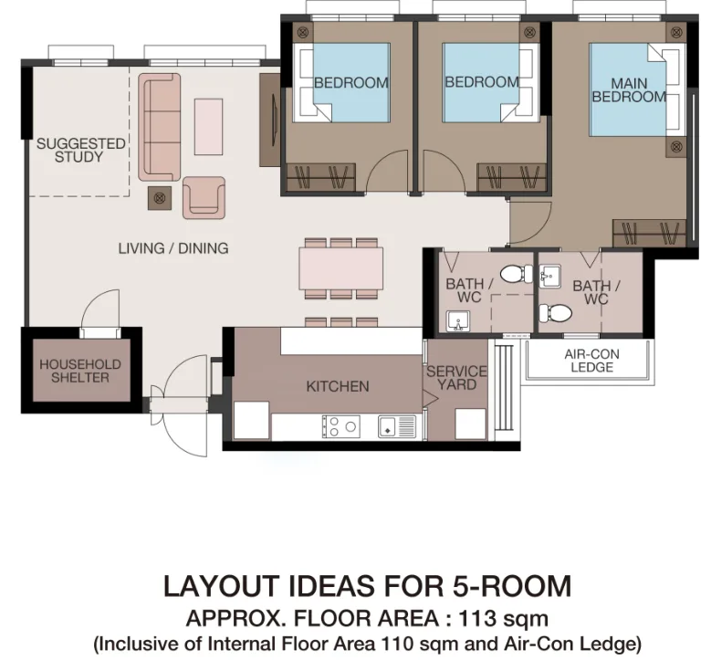 HDB floor plan of a 5-room flat at Tampines GreenFoliage, about 113 sqm