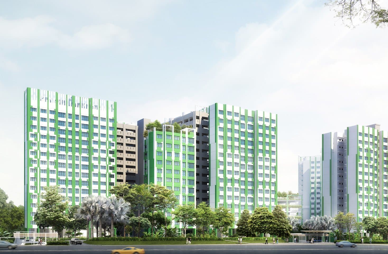 Artist’s impression of Tampines GreenFoliage: white and green HDB blocks of up to 15 storeys behind trees along the road