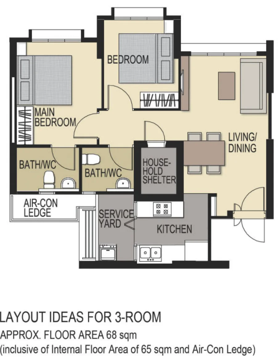 HDB floor plan of a 3-room flat at Tampines GreenForest, about 68 sqm