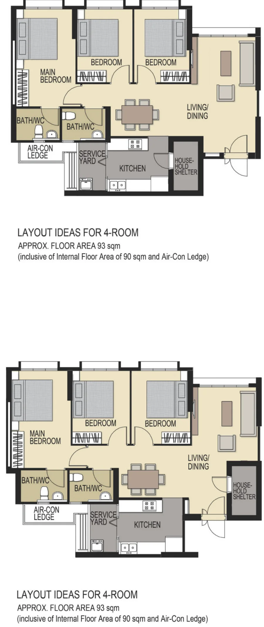 HDB floor plan of a 4-room flat at Tampines GreenForest, about 93 sqm