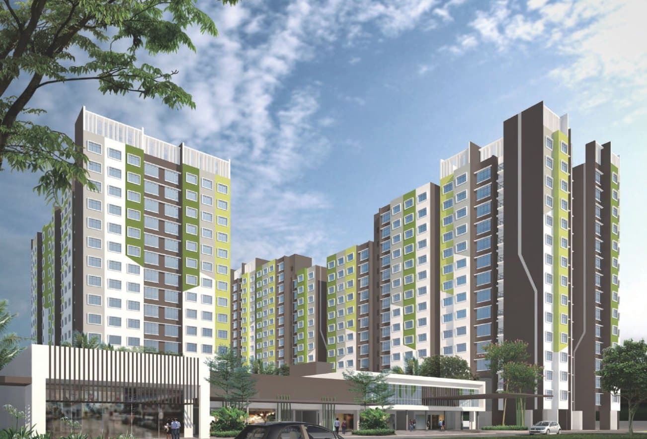 Artist’s impression of Tampines GreenForest: 15-storey HDB blocks in white, brown and lime green above a landscaped drop-off and a covered pavilion