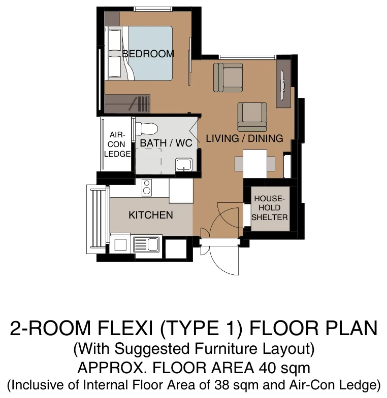 HDB floor plan of a 2-room Flexi (Type 1) flat at Tampines GreenGem, about 40 sqm