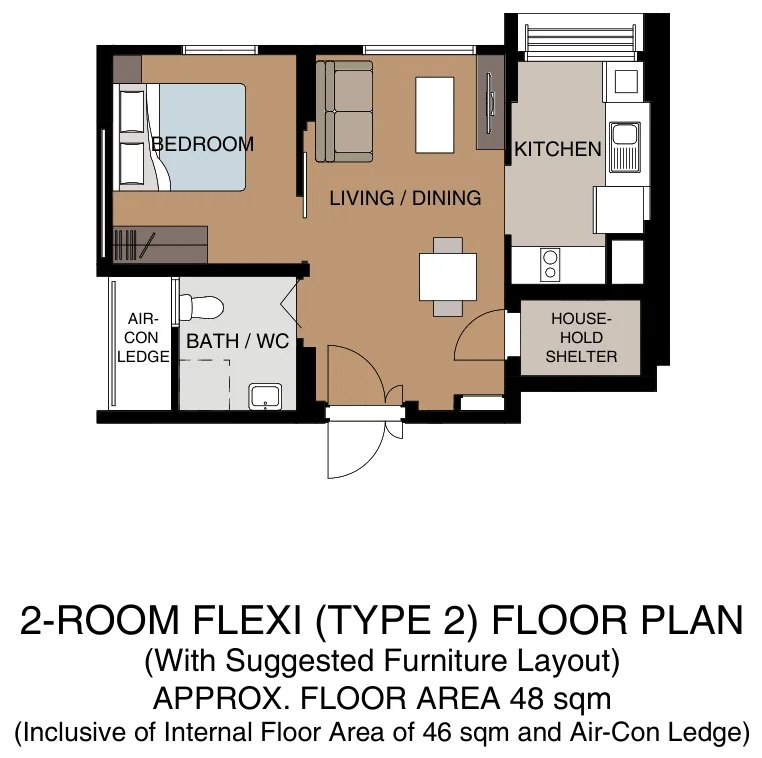 HDB floor plan of a 2-room Flexi (Type 2) flat at Tampines GreenGem, about 48 sqm