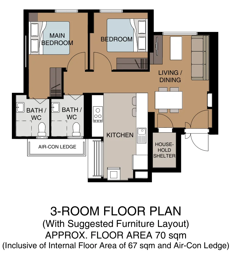 HDB floor plan of a 3-room flat at Tampines GreenGem, about 70 sqm