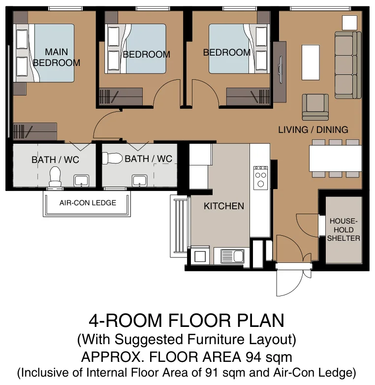 HDB floor plan of a 4-room flat at Tampines GreenGem, about 94 sqm