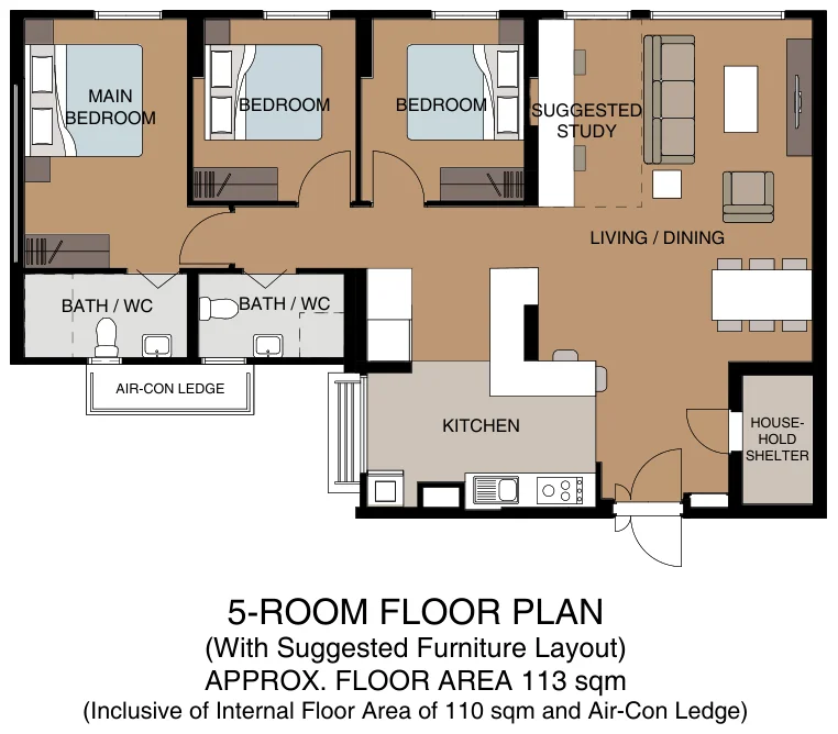 HDB floor plan of a 5-room flat at Tampines GreenGem, about 113 sqm
