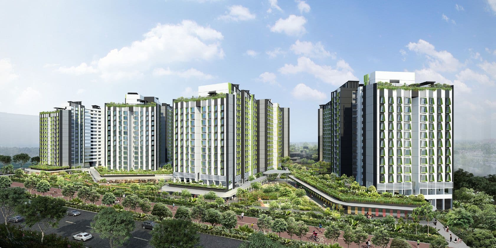 Artist’s impression of Tampines GreenGem: white HDB blocks with green and dark grey accents around a landscaped deck with trees and green roofs, a road in front