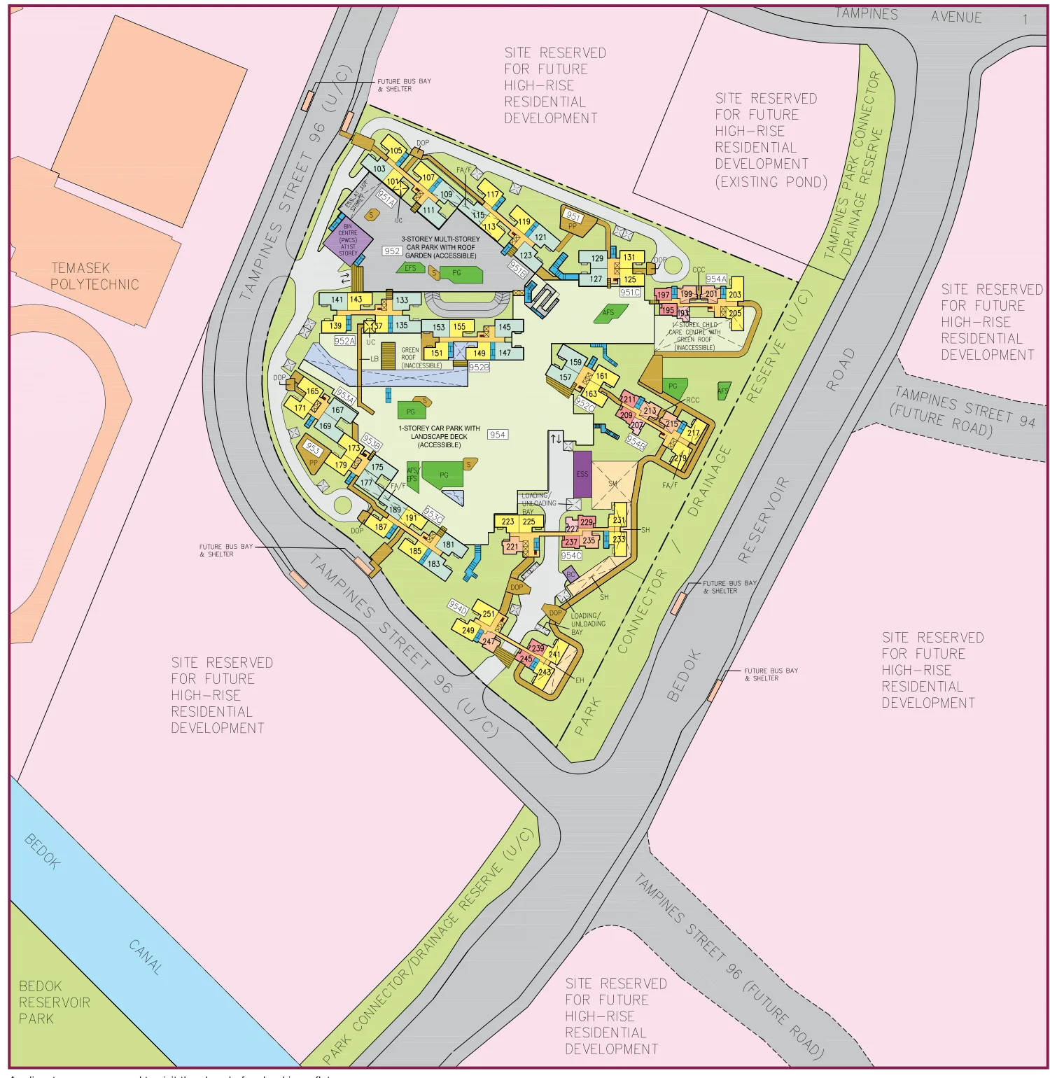 HDB site plan of Tampines GreenGem, blocks 951A, 951B, 951C, 952A, 952B, 952C, 953A, 953B, 953C, 954A, 954B, 954C and 954D
