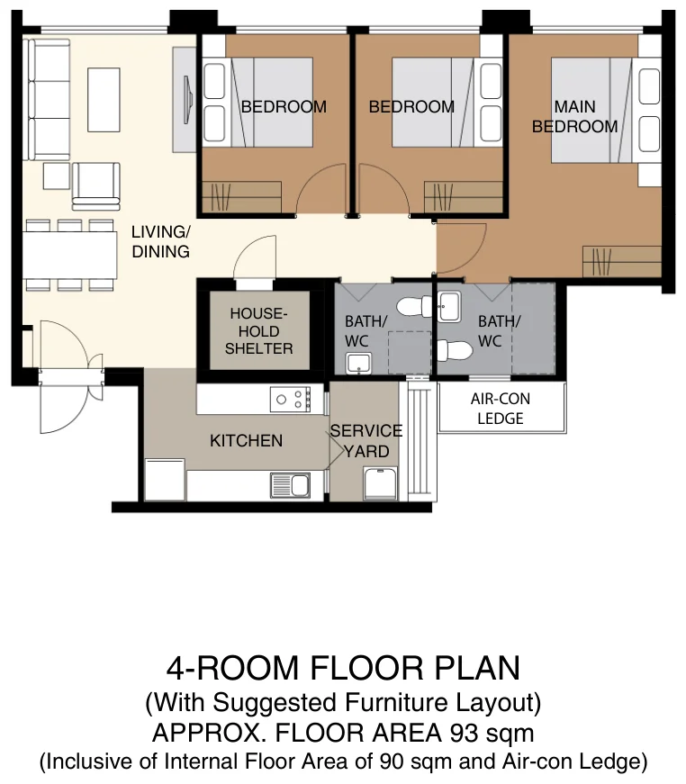 HDB floor plan of a 4-room flat at Tampines GreenGlade, about 93 sqm