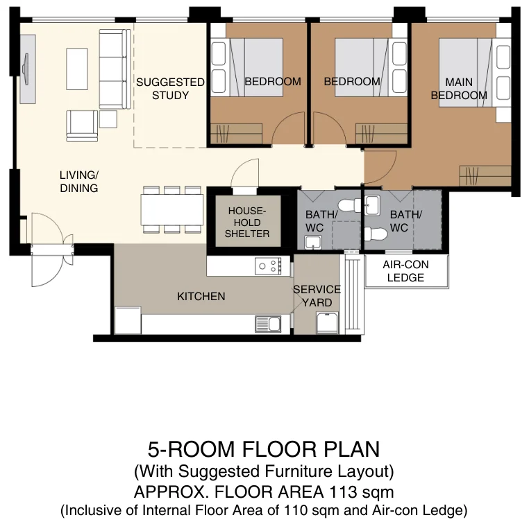 HDB floor plan of a 5-room flat at Tampines GreenGlade, about 113 sqm