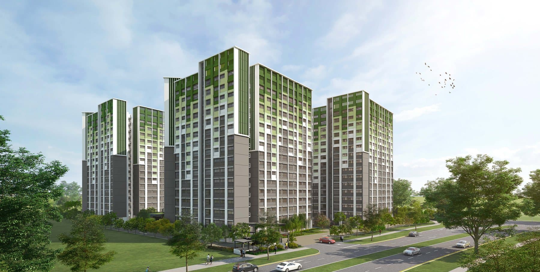 Artist’s impression of Tampines GreenGlade: three 16-storey HDB blocks in grey and white with green panels at the top, beside a tree-lined road in Tampines North