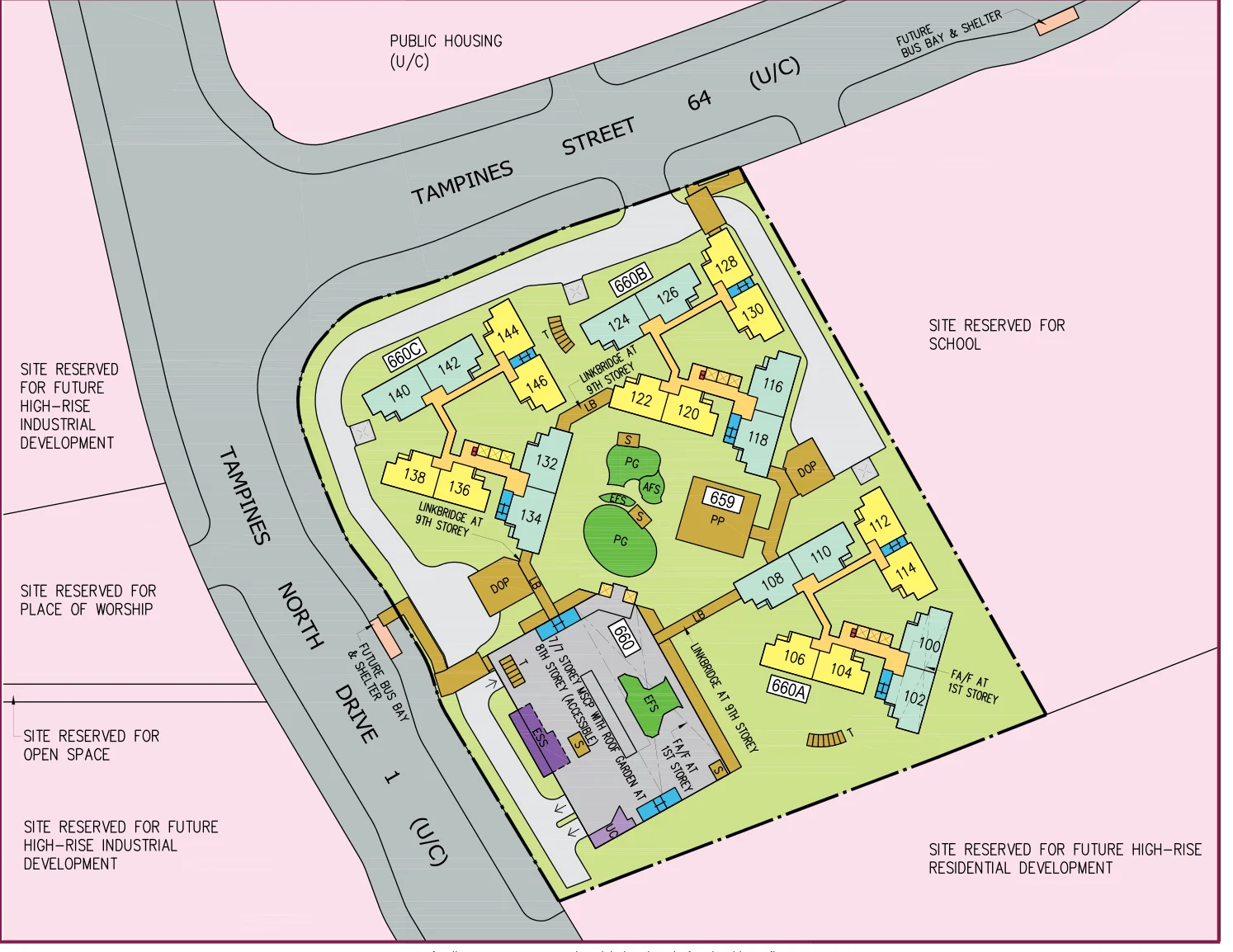 HDB site plan of Tampines GreenGlade, blocks 660A, 660B and 660C