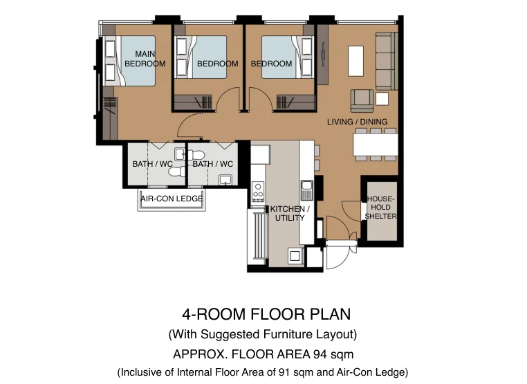 HDB floor plan of a 4-room flat at Tampines GreenGlen, about 94 sqm