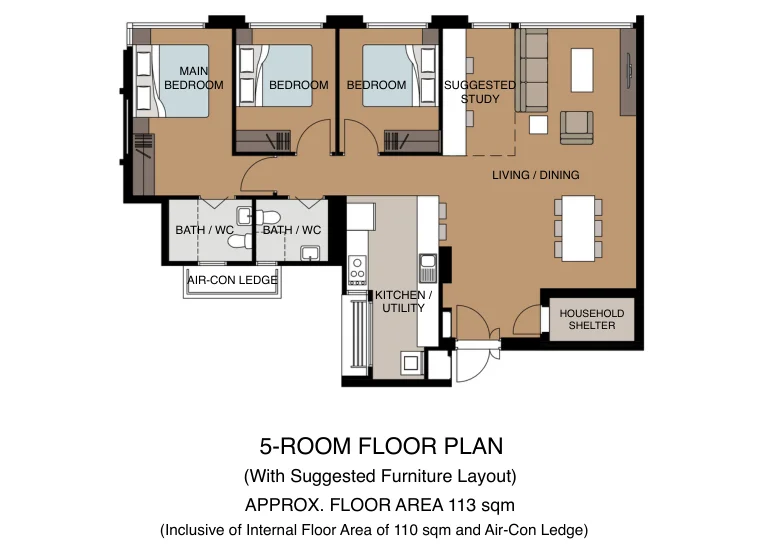 HDB floor plan of a 5-room flat at Tampines GreenGlen, about 113 sqm