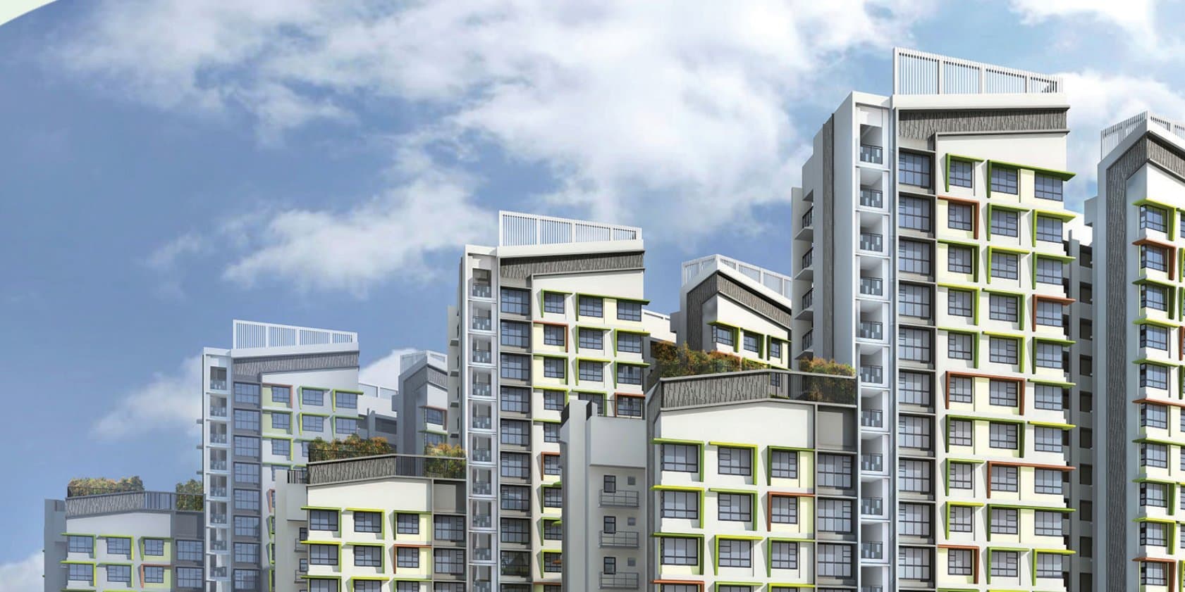 Artist’s impression of Tampines GreenGlen: white HDB blocks with green and orange window frames, stepped roofs with greenery, a landscaped park in front